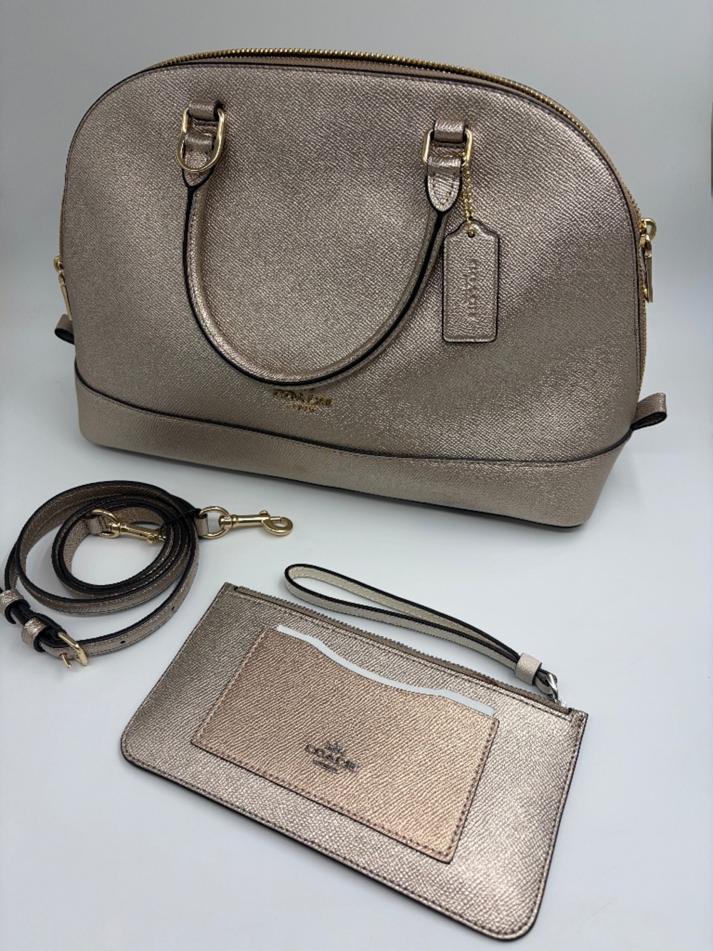Coach Sierra Satchel Metallic Chalk Leather + Matching Wristlet F22318